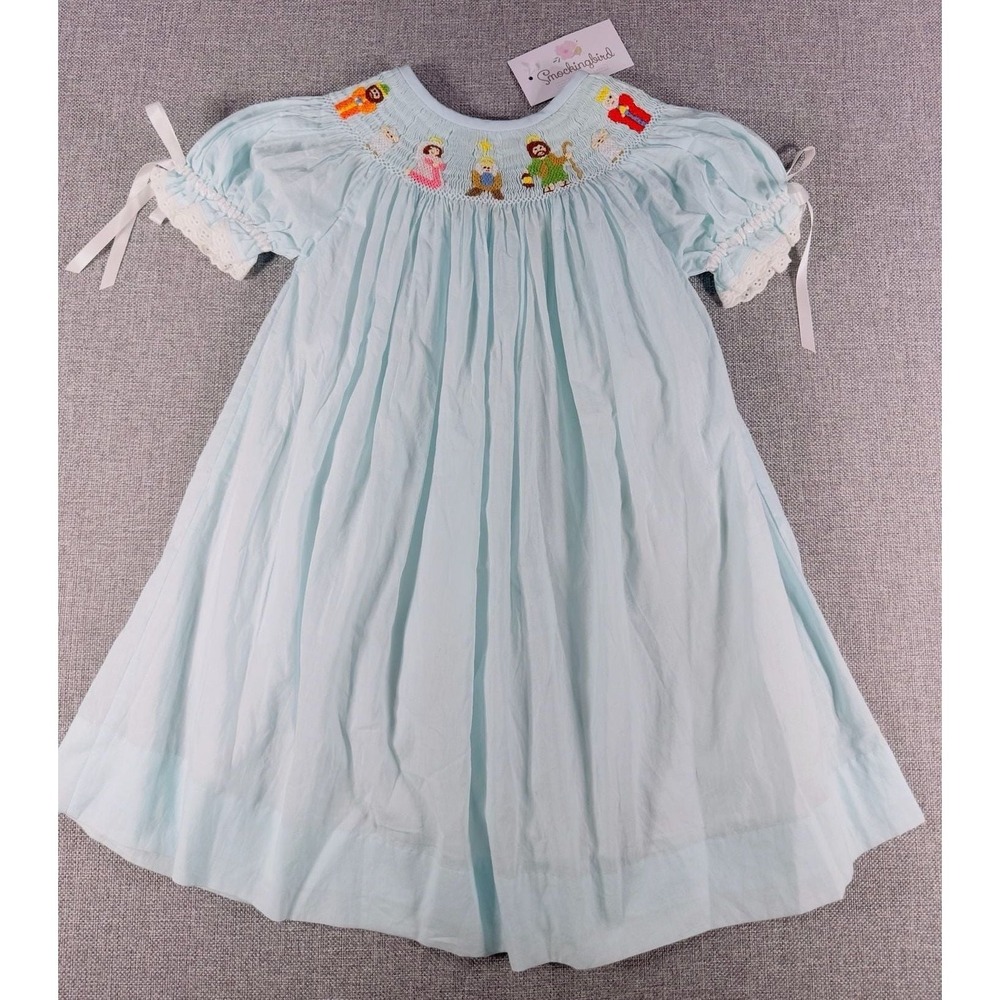 Smockingbird Girls Light Blue Nativity Scene Smocked Bishop Dress NWT
